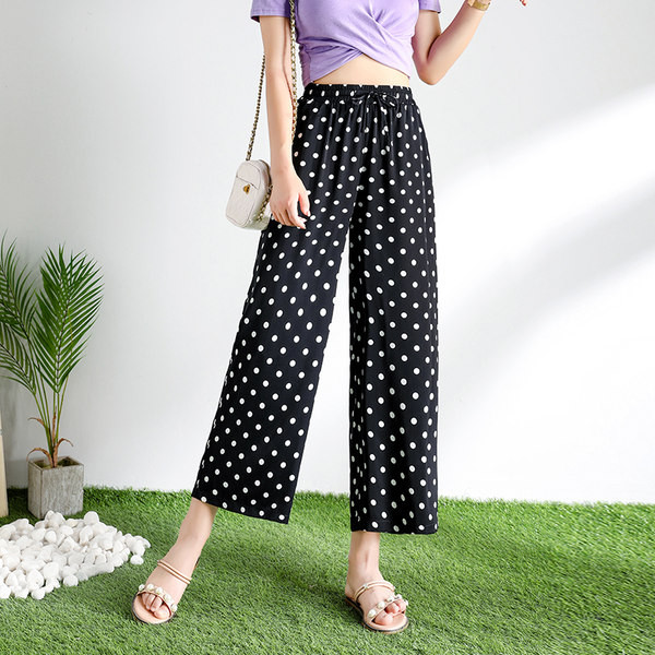 Pantaloni casual dama cu puncte cu talie elastica