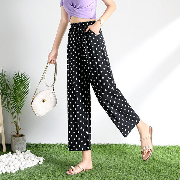 Pantaloni casual dama cu puncte cu talie elastica