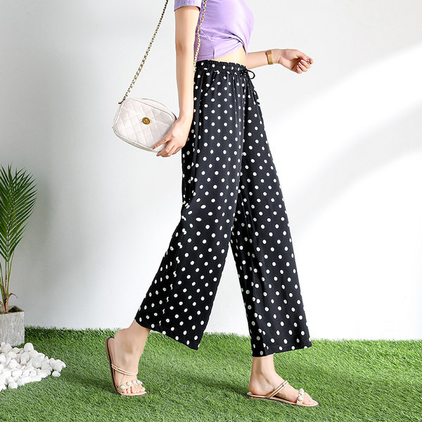 Pantaloni casual dama cu puncte cu talie elastica