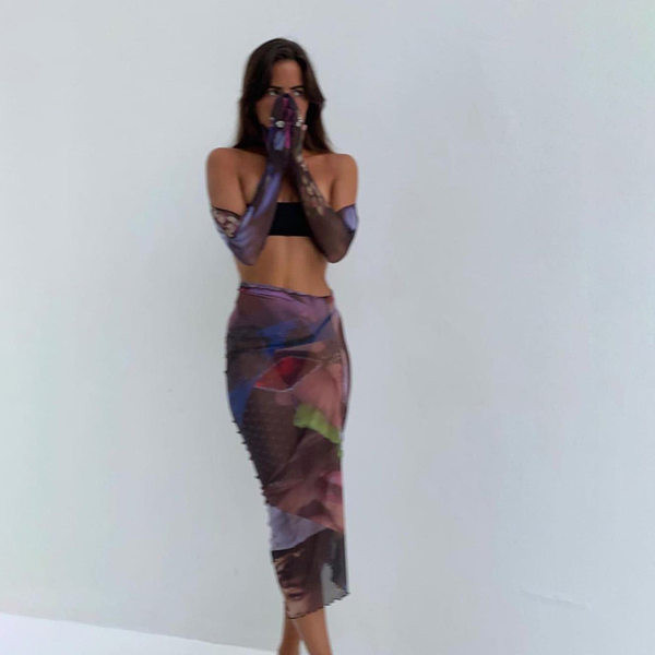 Set de dama cu fusta lunga si top decupat