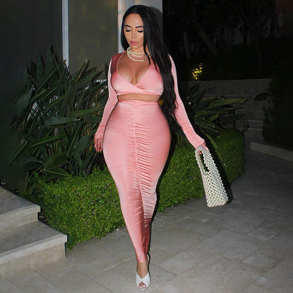 Set modern de dama de fusta lunga si bluza scurta cu maneci lungi