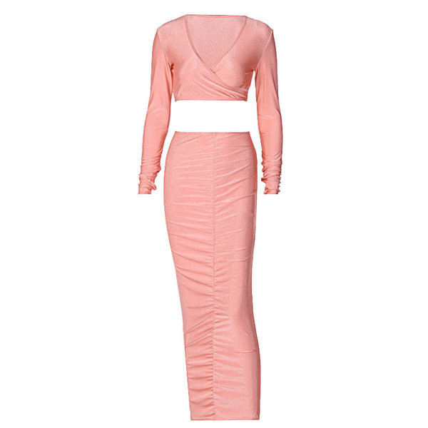 Set modern de dama de fusta lunga si bluza scurta cu maneci lungi