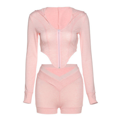 Šiuolaikinis moteriškas šortų ir palaidinės komplektas su užtrauktuku