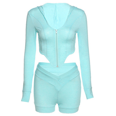 Šiuolaikinis moteriškas šortų ir palaidinės komplektas su užtrauktuku