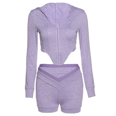 Šiuolaikinis moteriškas šortų ir palaidinės komplektas su užtrauktuku