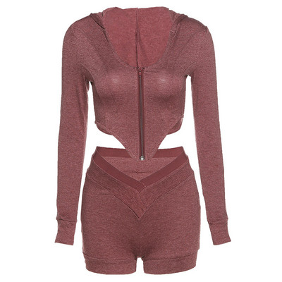 Šiuolaikinis moteriškas šortų ir palaidinės komplektas su užtrauktuku