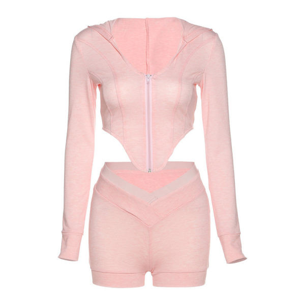 Šiuolaikinis moteriškas šortų ir palaidinės komplektas su užtrauktuku