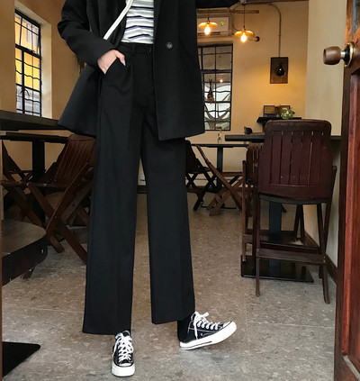 Pantaloni drepti de dama cu talie inalta si buzunare