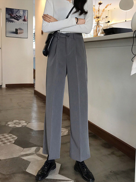 Pantaloni drepti de dama cu talie inalta si buzunare