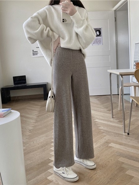 Trijų spalvų moteriškos velvetinės kelnės aukštu elastiniu juosmeniu