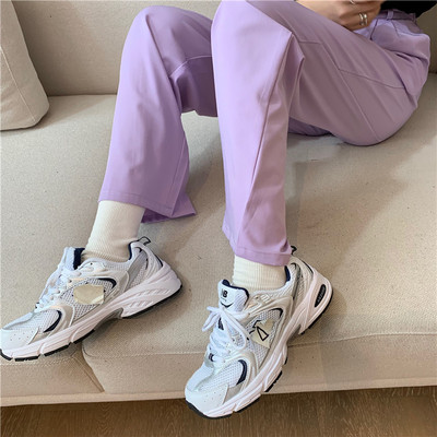 Pantaloni casual dama cu talie inalta model lat negru si mov