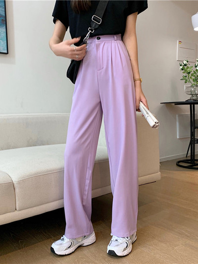 Ежедневен дамски панталон с висока талия широк модел черен и лилав цвят
