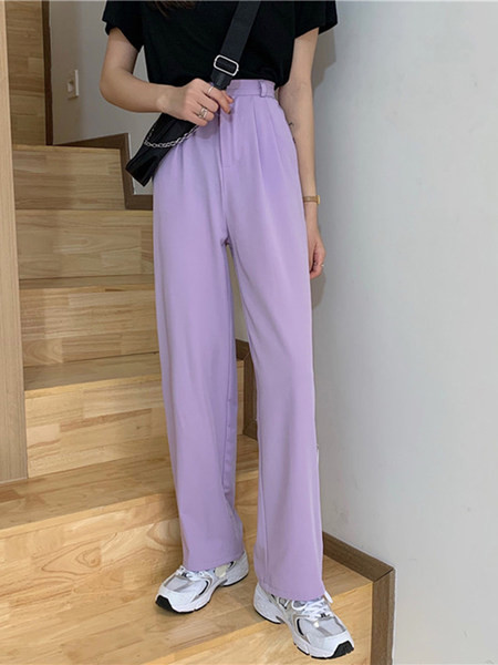 Pantaloni casual dama cu talie inalta model lat negru si mov