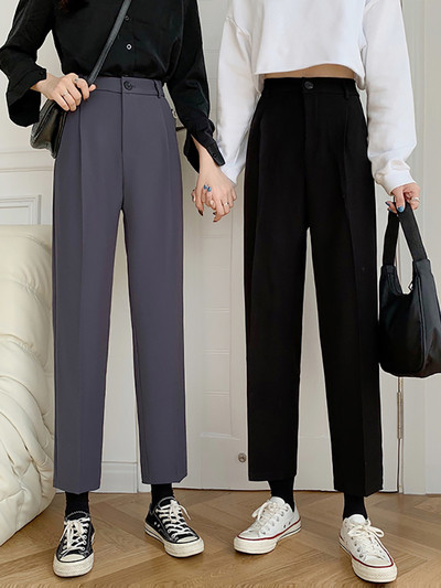 Дамски панталон с висока талия -прав модел в черен и сив цвят
