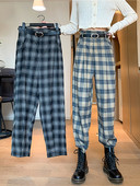 Pantaloni casual în carouri cu talie înaltă în stil retro