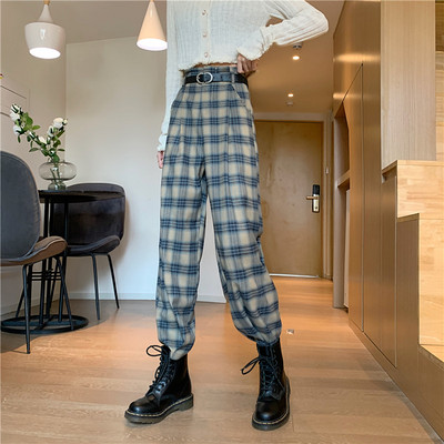 Pantaloni casual în carouri cu talie înaltă în stil retro