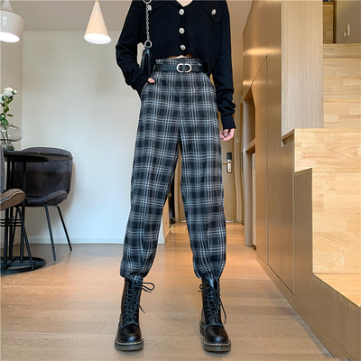 Pantaloni casual în carouri cu talie înaltă în stil retro