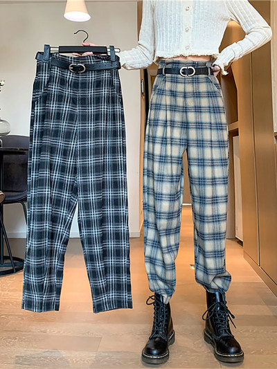 Ежедневен кариран панталон с висока талия-ретро стил