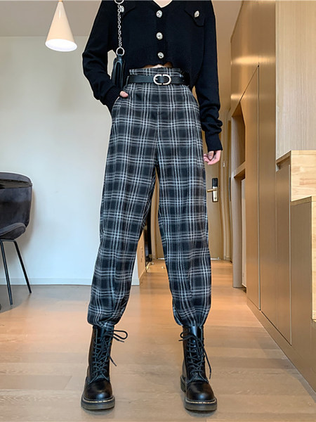 Pantaloni casual în carouri cu talie înaltă în stil retro