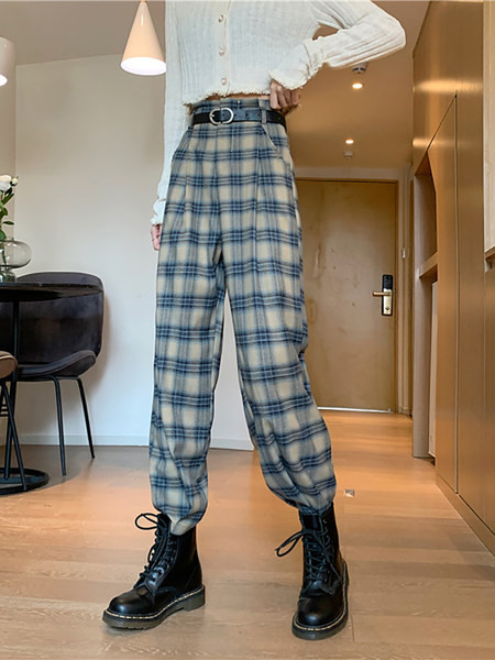 Pantaloni casual în carouri cu talie înaltă în stil retro