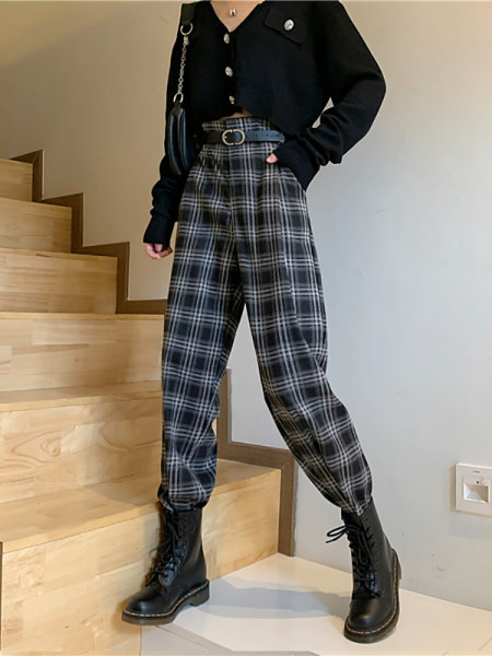 Pantaloni casual în carouri cu talie înaltă în stil retro