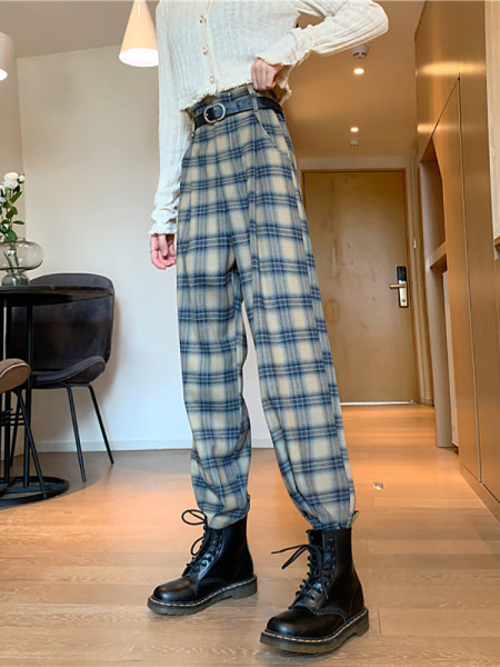 Pantaloni casual în carouri cu talie înaltă în stil retro