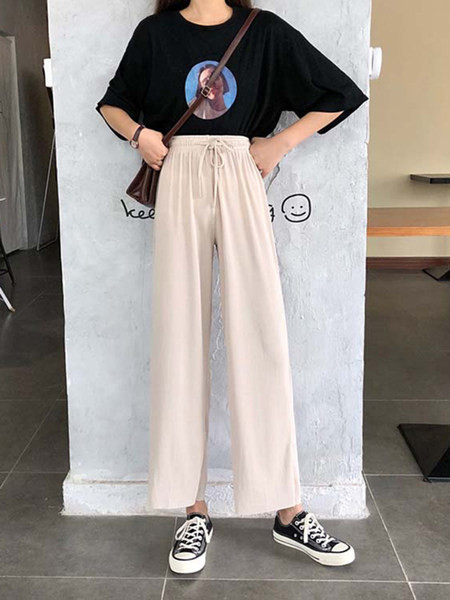 Pantaloni casual dama cu talie inalta elastica