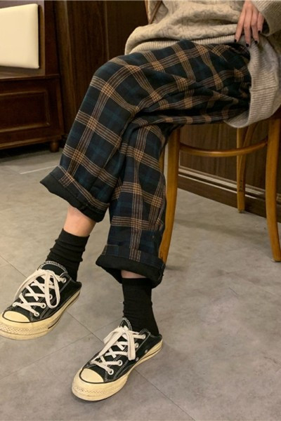 Pantaloni dama in carouri in doua culori cu talie inalta