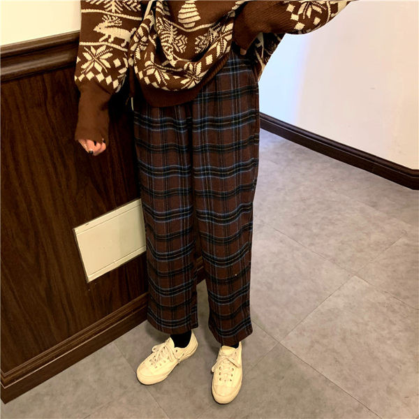 Pantaloni dama in carouri in doua culori cu talie inalta