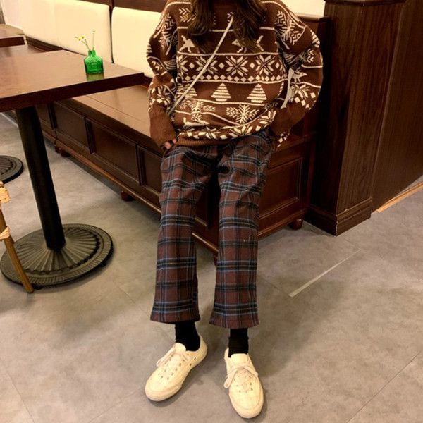 Pantaloni dama in carouri in doua culori cu talie inalta