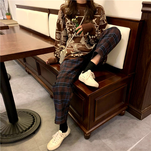 Pantaloni dama in carouri in doua culori cu talie inalta