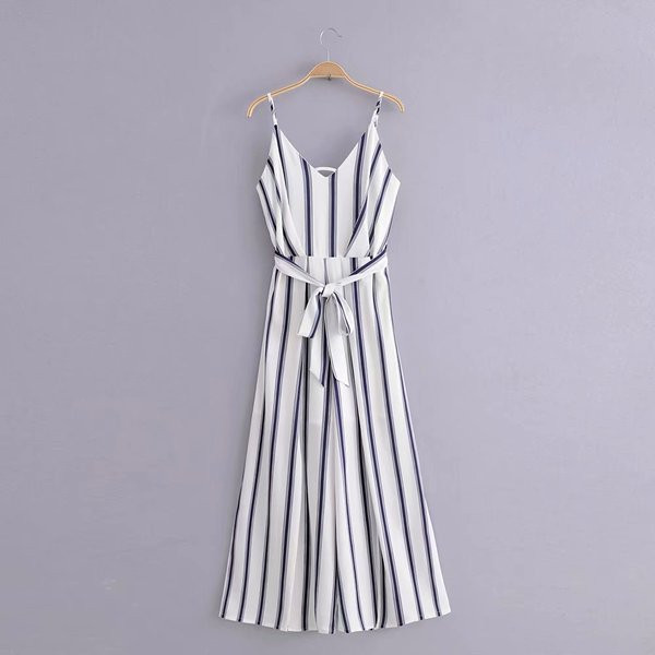 Salopetă lungă cu dungi cu centură în talie