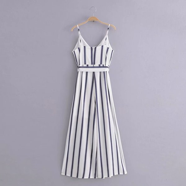 Salopetă lungă cu dungi cu centură în talie