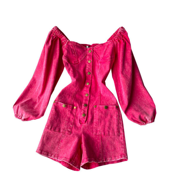 Salopeta scurta de dama cu nasturi si buzunare in culoarea roz