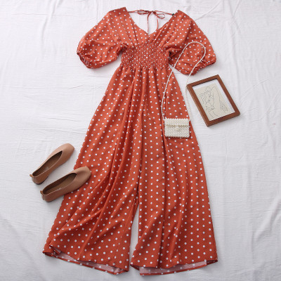 Salopetă de damă modernă cu buline cu decolteu spitz în mai multe culori