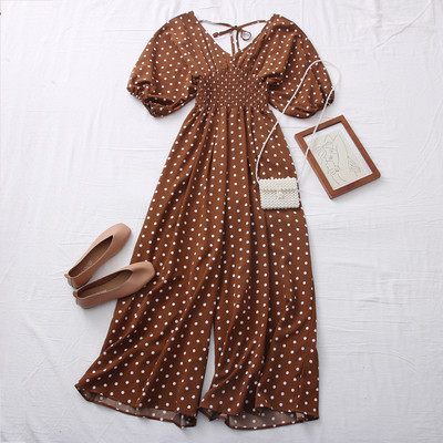 Salopetă de damă modernă cu buline cu decolteu spitz în mai multe culori