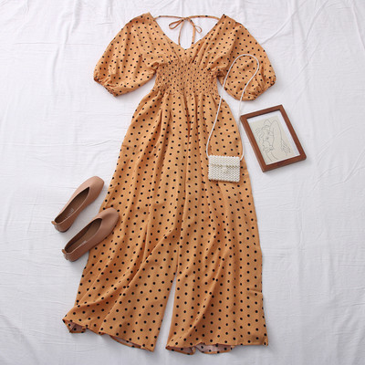 Salopetă de damă modernă cu buline cu decolteu spitz în mai multe culori