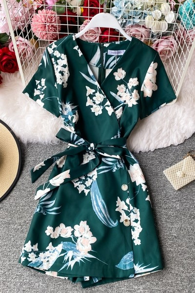 Salopeta scurta de vara dama cu model floral si panglica
