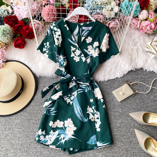 Salopeta scurta de vara dama cu model floral si panglica