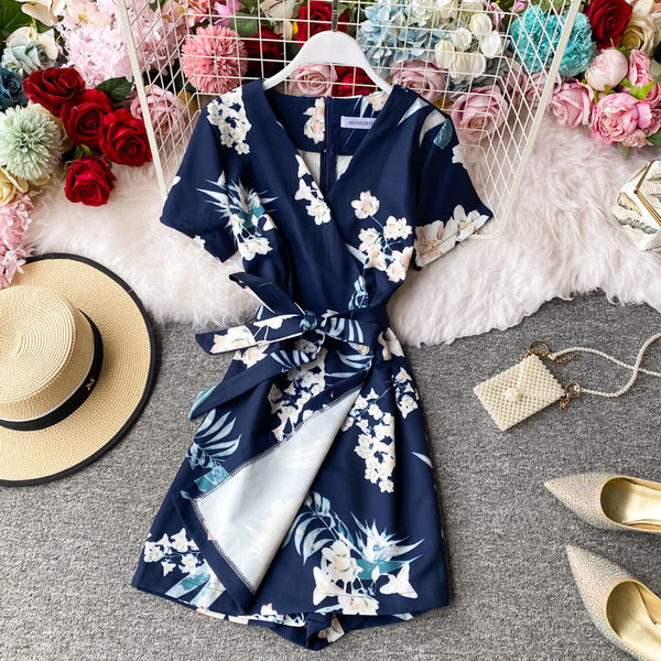 Salopeta scurta de vara dama cu model floral si panglica