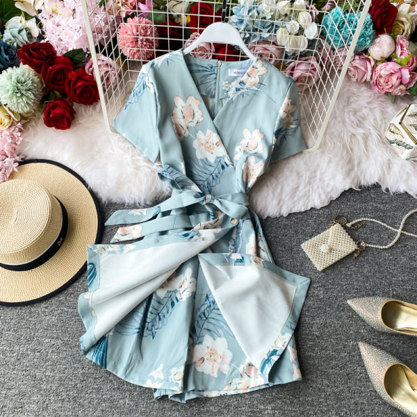 Salopeta scurta de vara dama cu model floral si panglica