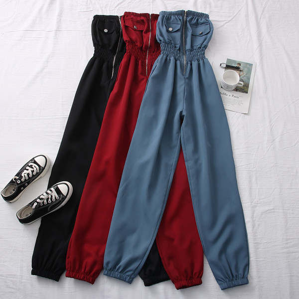 Salopetă casual de damă cu umerii goi și fermoar