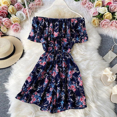 Salopetă scurtă de damă cu model floral și talie elastică