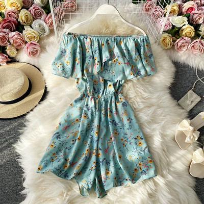 Salopetă scurtă de damă cu model floral și talie elastică