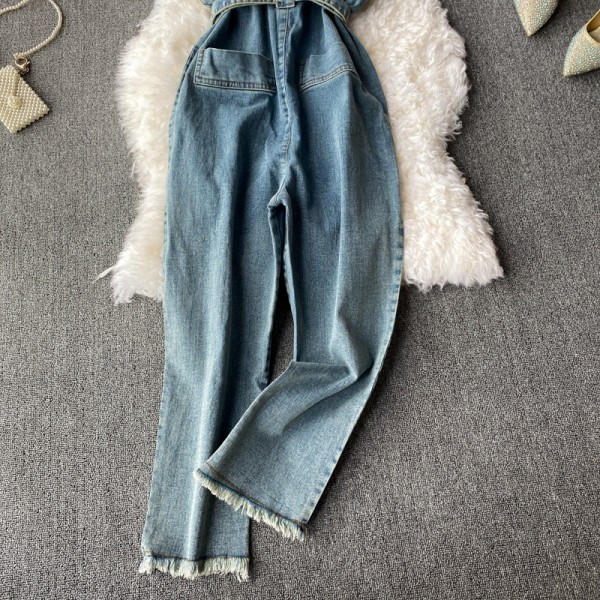 Salopeta de dama din denim cu centura si bretele