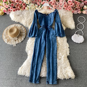 Salopetă de damă din denim cu umerii goi în albastru