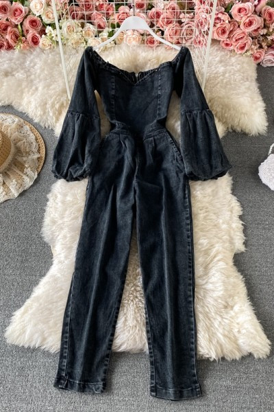 Salopetă de damă din denim cu umerii goi în albastru