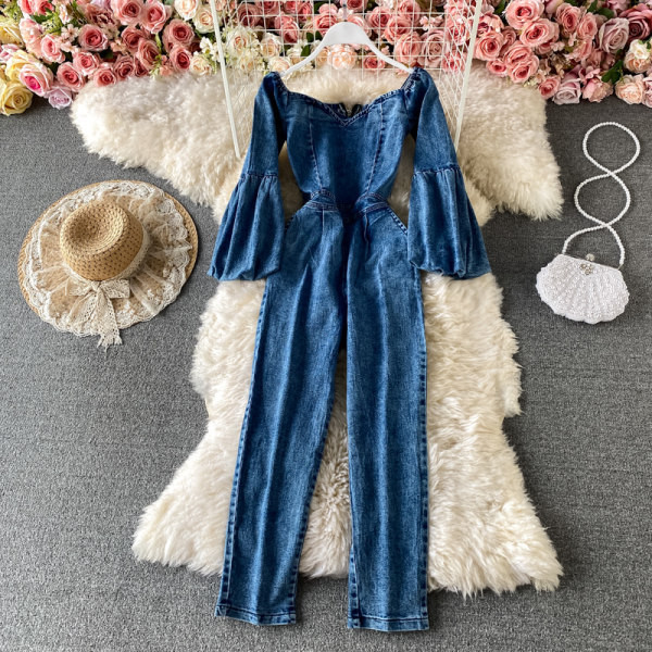 Salopetă de damă din denim cu umerii goi în albastru