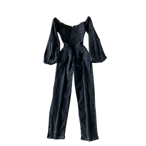 Salopetă de damă din denim cu umerii goi în albastru