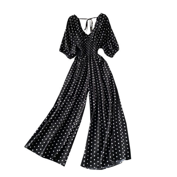 Salopetă largă de damă cu decolteu cu buline